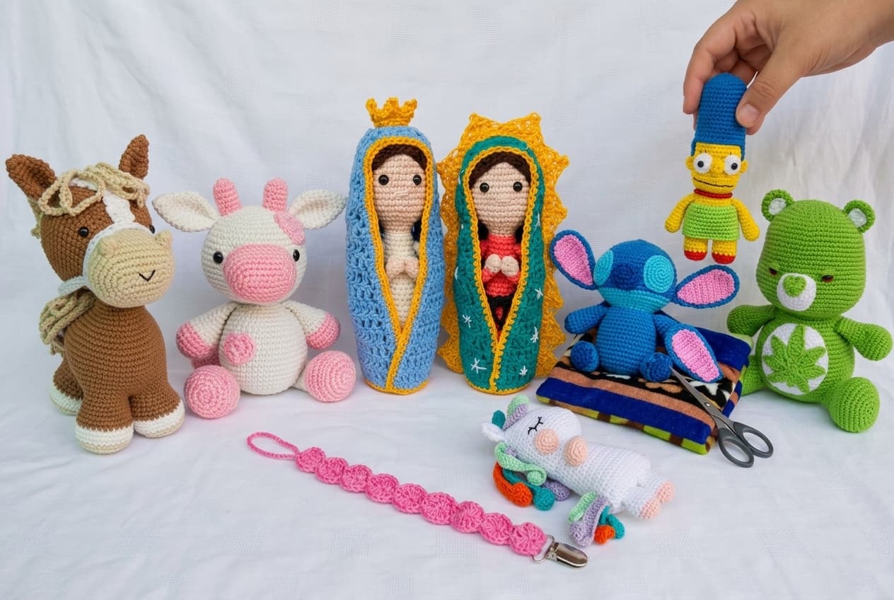 junte de distintos amigurumis de varios colores y motivos